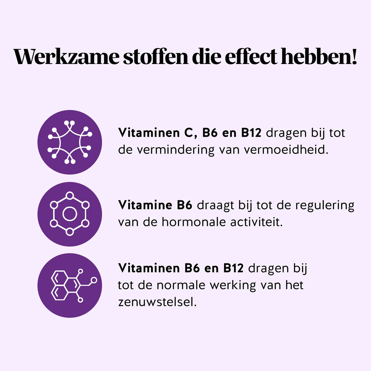 Bears with Benefits Re-Balance Menopause Support – tekstafbeelding met werkzame stoffen: vitamines C, B6 en B12 dragen bij tot vermindering van vermoeidheid, vitamine B6 ondersteunt de regulering van hormonale activiteit en vitamines B6 en B12 ondersteunen de normale werking van het zenuwstelsel