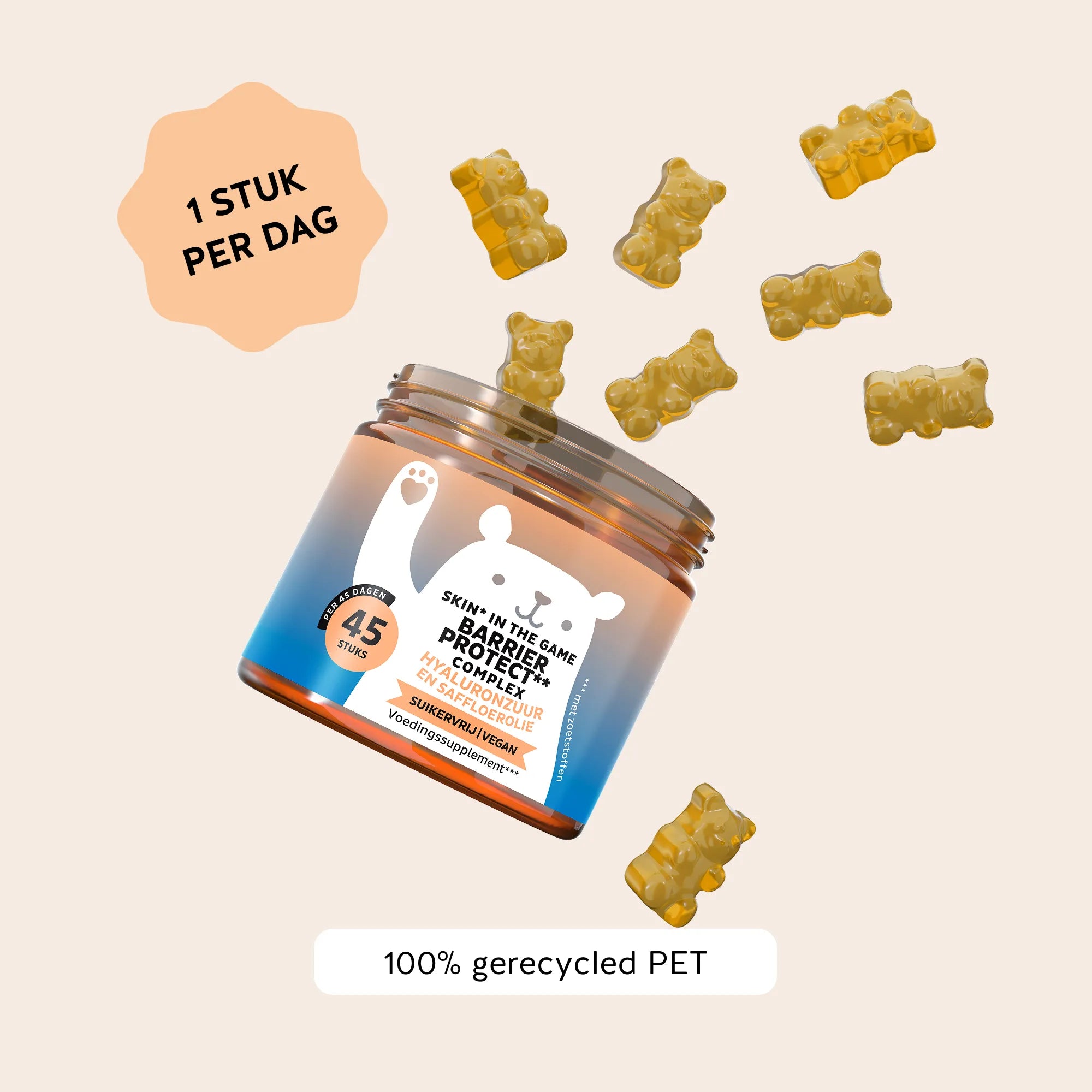 Bears with Benefits Skin* in the Game Barrier Protect** Complex – Suikervrije hyaluronzuur gummies voor dagelijkse huidroutine, 20 mg hyaluronzuur per gummy, 45 stuks, 1 stuk per dag, vegan, 100% gerecycled PET