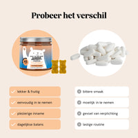 Bears with Benefits Skin* in the Game Barrier Protect** Complex – Vergelijkingsafbeelding van suikervrije hyaluronzuur gummies versus tabletten voor dagelijkse huidroutine, 20 mg hyaluronzuur per gummy, 45 stuks, met tekst: probeer het verschil, lekker & fruitig, eenvoudig in te nemen, plezierige inname, dagelijkse balans, bittere smaak, moeilijk in te nemen, gevoel van verplichting en lastige routine