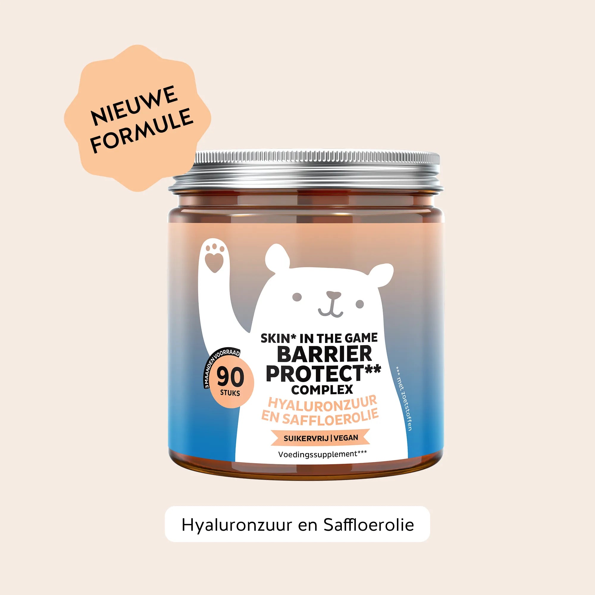 Bears with Benefits Skin* in the Game Barrier Protect** Complex – Suikervrije hyaluronzuur gummies voor huidverzorging, 20 mg hyaluronzuur, 20 mg saffloerolie, 90 stuks, vegan, met zoetstoffen, nieuwe formule