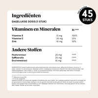 Bears with Benefits Skin* in the Game Barrier Protect** Complex – Ingrediënten tekstafbeelding voor dagelijkse dosis 1 stuk: vitamine E 12 mg 100% RI, vitamine C 20 mg 25% RI, zink 10 mg 50% RI, hyaluronzuur 20 mg, saffloerolie 20 mg en druivenextract 10 mg, 45 stuks per 45 dagen, voedingssupplement met zoetstoffen, vegan en suikervrij
