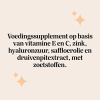 Bears with Benefits Skin* in the Game Barrier Protect** Complex – Tekstafbeelding over een voedingssupplement op basis van vitamine E en C, zink, hyaluronzuur, saffloerolie en druivenpitextract, met zoetstoffen