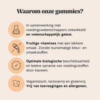 Bears with Benefits Skin* in the Game Barrier Protect** Complex – Tekstafbeelding waarom onze gummies: in samenwerking met voedingswetenschappers ontwikkeld en wetenschappelijk getest; fruitige vitamines met lekkere smaak zonder kunstmatige kleur- en smaakstoffen; optimale biologische beschikbaarheid en betere opname van voedingsstoffen door kauwen; veganistisch, lactosevrij en glutenvrij, vrij van toevoegingen en allergenen