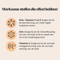 Bears with Benefits Skin* in the Game Barrier Protect** Complex – Tekstafbeelding met werkzame stoffen: zink, vitamine C en E dragen bij tot de bescherming van cellen tegen oxidatieve stress; zink draagt bij tot de instandhouding van een normale huid en speelt een rol in het celdelingsproces; vitamine C draagt bij tot de normale collageenvorming voor de normale werking van de huid