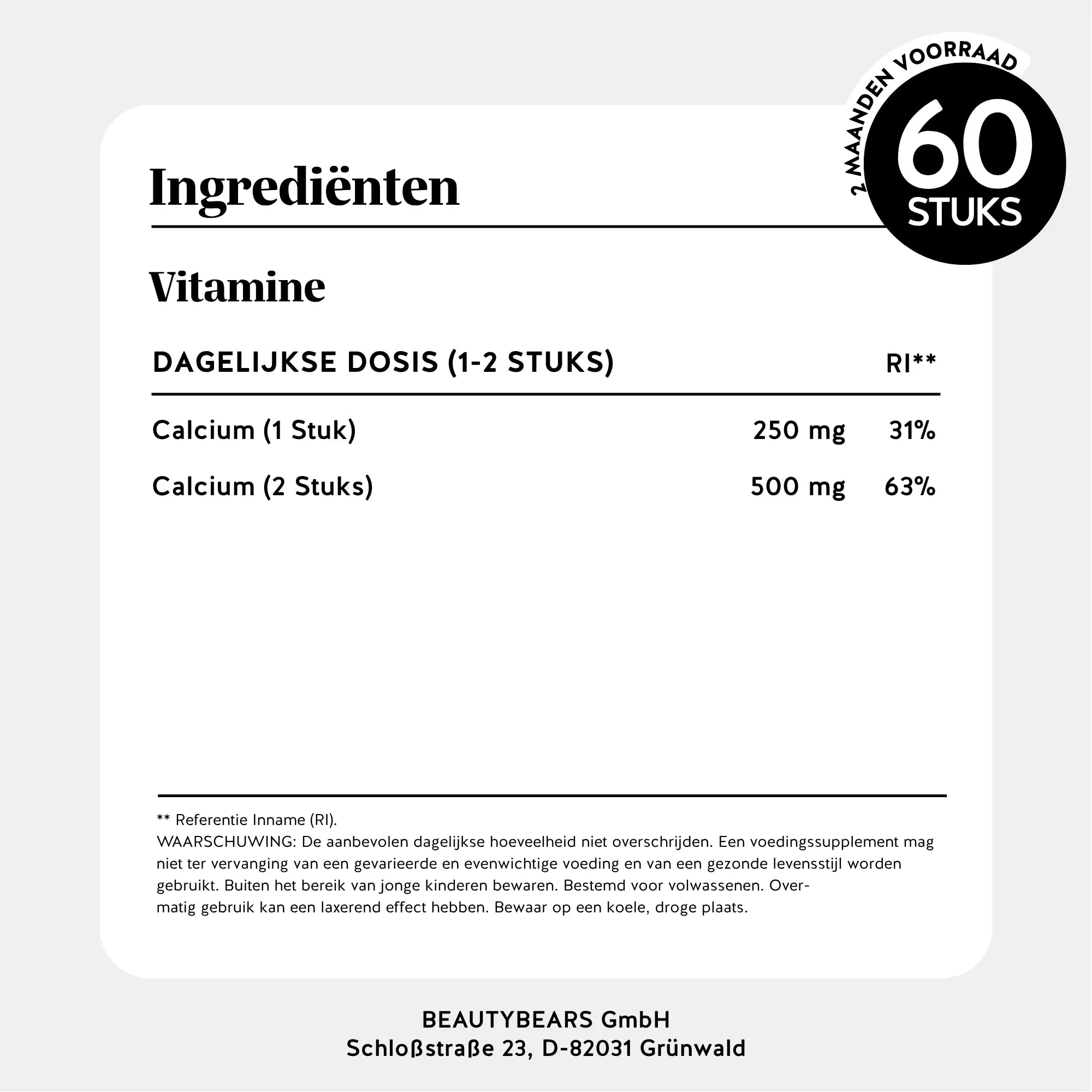 Ingrediënten en voedingsinformatie calcium gummies – 250 mg per gummy l Bears with Benefits