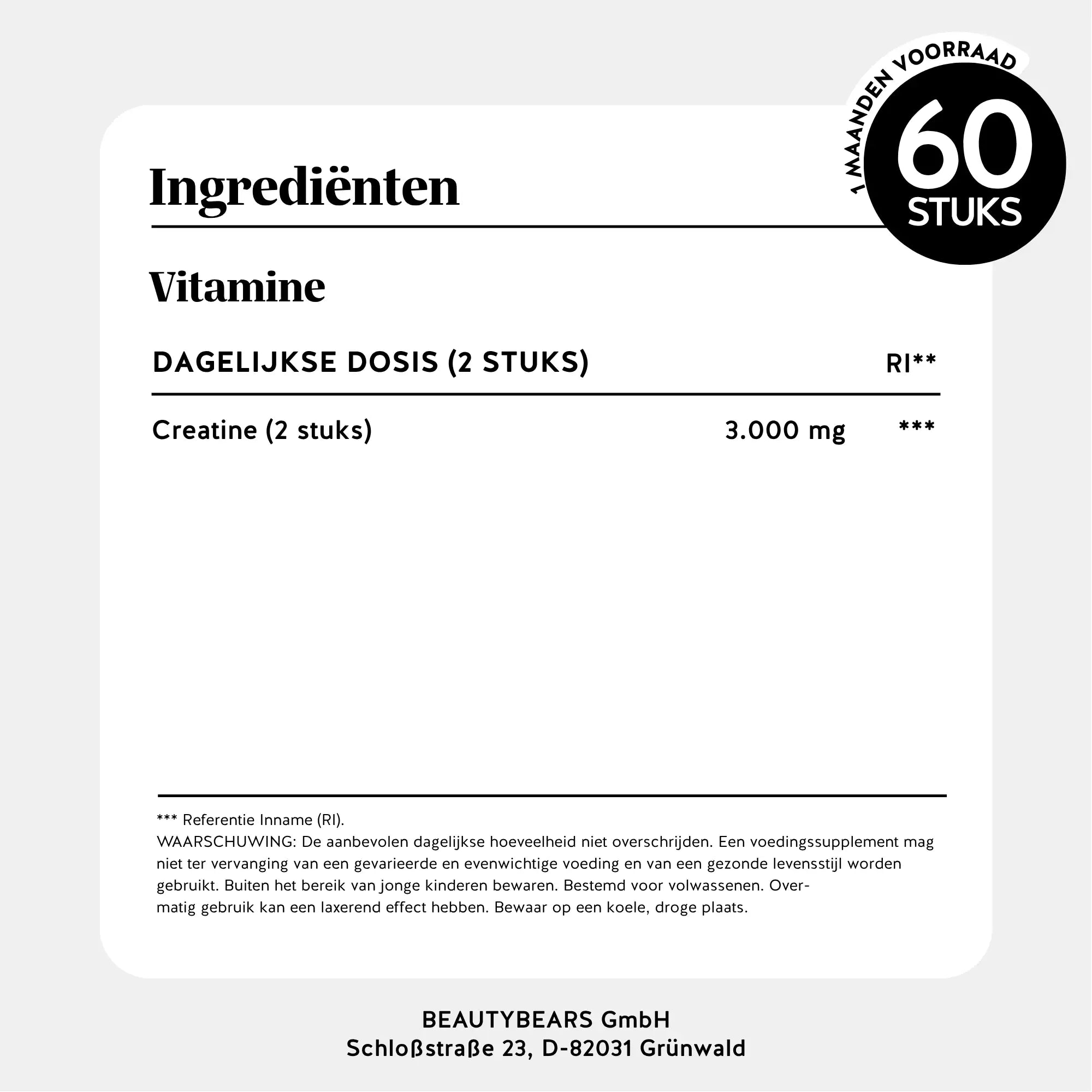 Ingrediënten en voedingswaarde creatine gummies – 3000 mg per dagdosering l Bears with Benefits