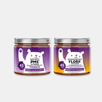 Afbeelding van de Cycle Care Set met twee potjes Bears with Benefits vitamine gummies: FEMTASTIC PMS met vitamine B6 en Intimate Balance Flora met vitamine B2, elk met 45 stuks.