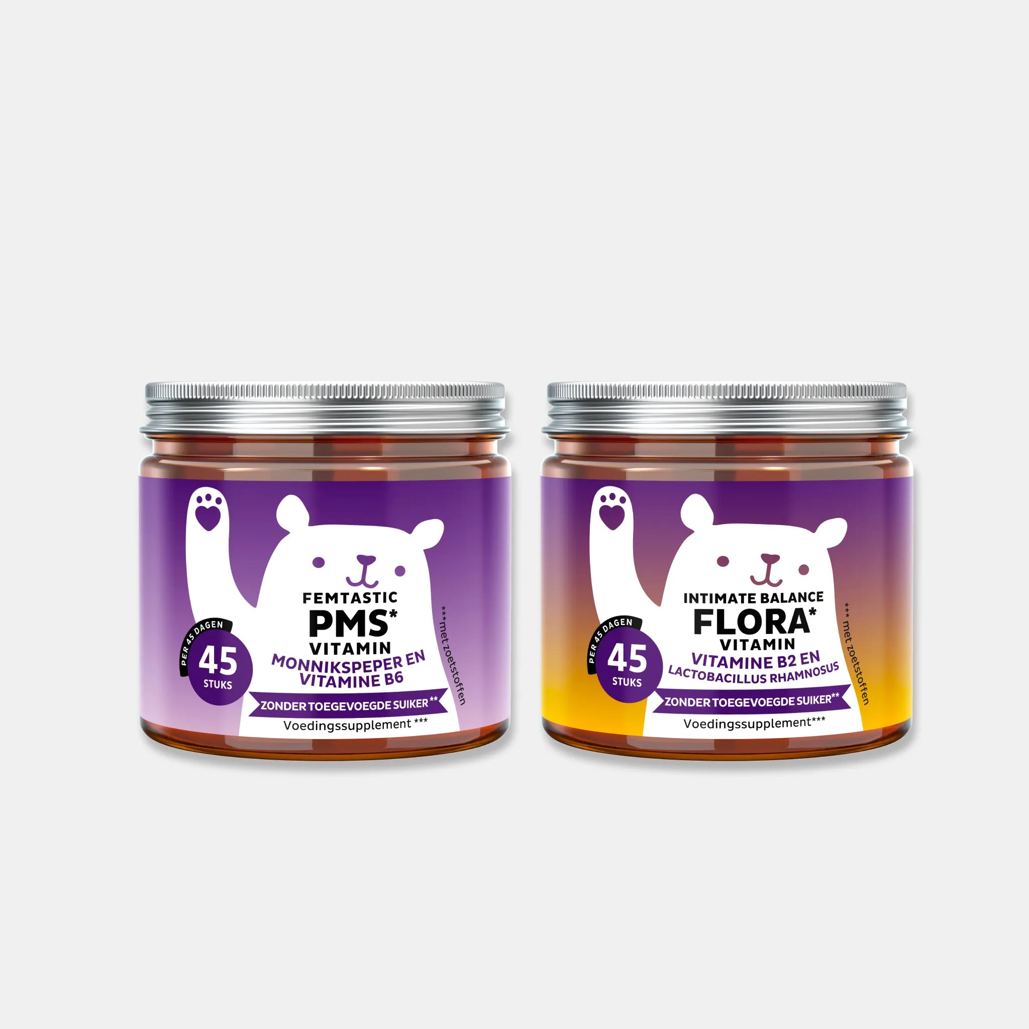 Afbeelding van de Cycle Care Set met twee potjes Bears with Benefits vitamine gummies: FEMTASTIC PMS met vitamine B6 en Intimate Balance Flora met vitamine B2, elk met 45 stuks.