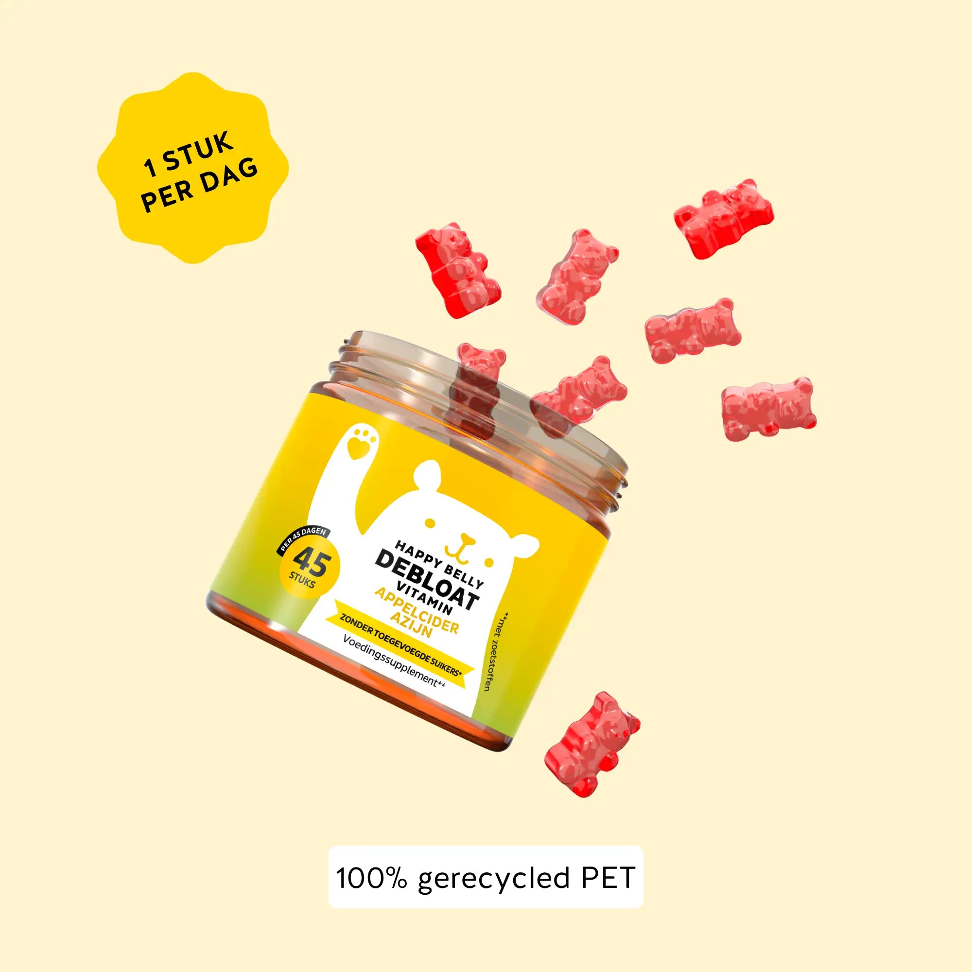 Potje Happy Belly Debloat Vitamin met appelciderazijn, 45 gummies – rode gummybeertjes vliegen eruit, 1 stuk per dag, 100% gerecycled PET | Bears with Benefits
