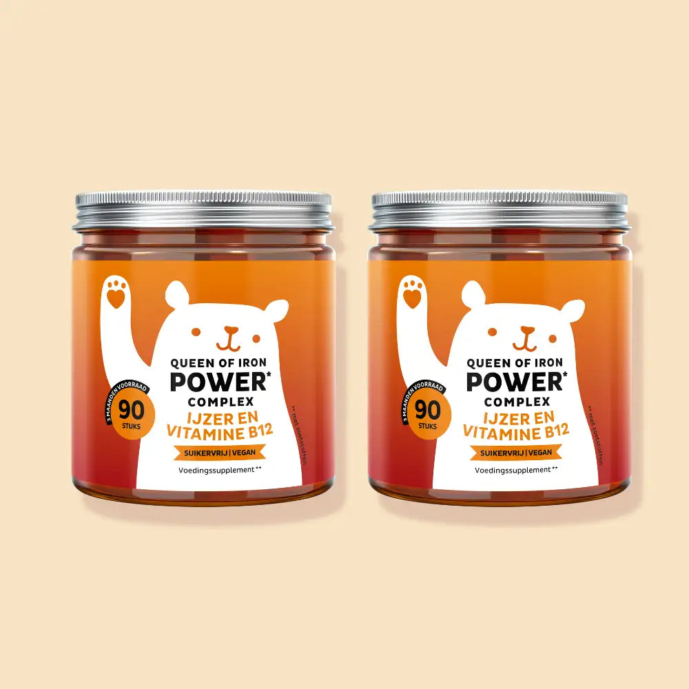 Twee potjes Queen of Iron Power Complex met 90 stuks gummies, een suikervrij en vegan ijzer- en vitamine B12-supplement voor een gemakkelijke dagelijkse inname l Bears with Benefits.