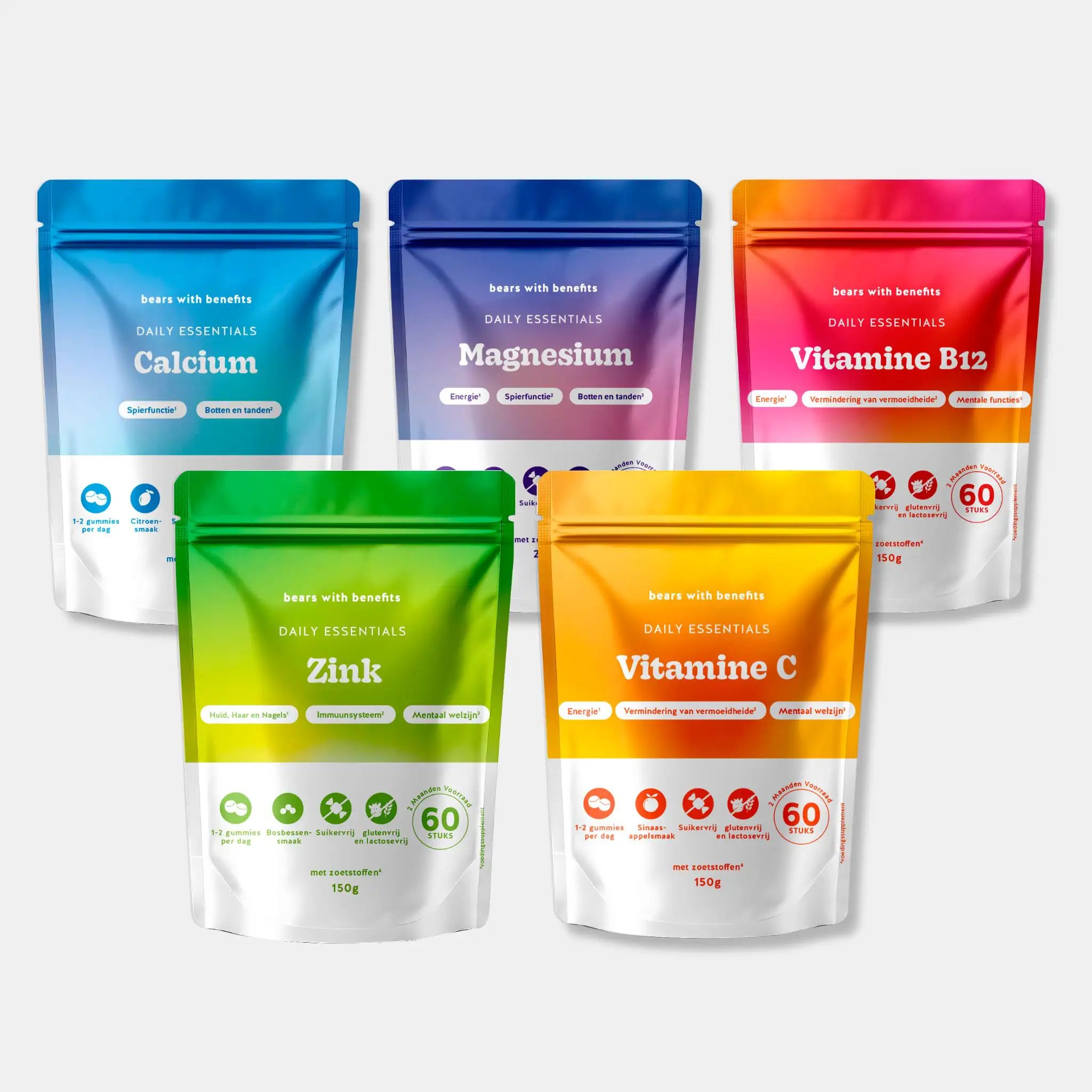 Daily Essentials Calcium, Magnesium, Vitamine B12, Zink en Vitamine C gummies – ondersteuning voor energie, immuunsysteem, botten en spieren l Bears with Benefits