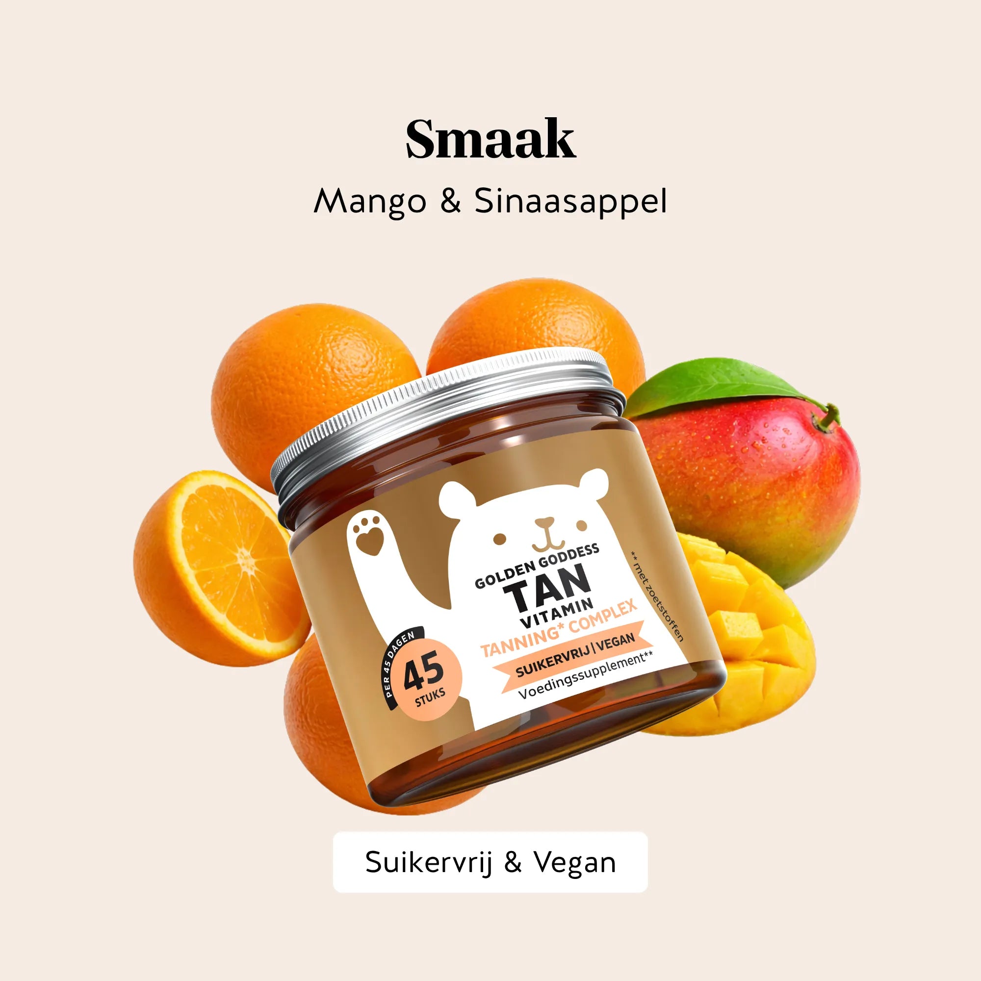 Bears with Benefits Golden Goddess Tan Vitamin – suikervrije vegan tanning gummies met mango- en sinaasappelsmaak voor een zongebruinde huid, vitamine C 20 mg, vitamine E 3,6 mg, vitamine D 5 µg, koper 0,15 mg, bètacaroteen 1 mg, luteïne 1 mg, astaxanthine 1 mg en peen extract 20 mg, 45 stuks, suikervrij en vegan