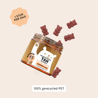 Bears with Benefits Golden Goddess Tan Vitamin – suikervrije vegan tanning gummies voor een zongebruinde huid en dagelijkse beauty routine, vitamine C 20 mg, vitamine E 3,6 mg, vitamine D 5 µg, koper 0,15 mg, bètacaroteen 1 mg, luteïne 1 mg, astaxanthine 1 mg en peen extract 20 mg, 45 stuks, 1 stuk per dag en 100% gerecycled PET