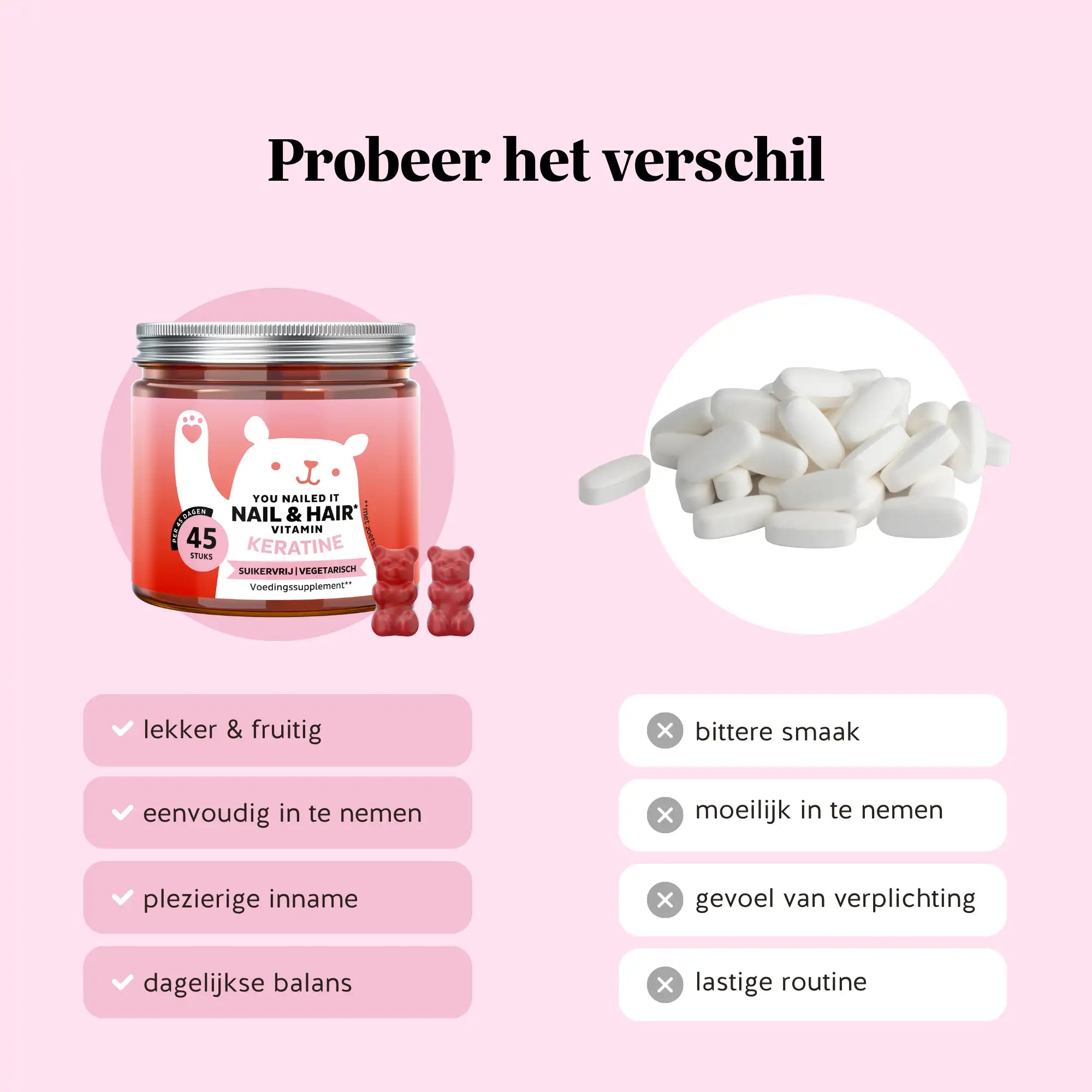 Vergelijking gummies vs pillen: links Bears with Benefits Nail & Hair Keratine potje met rode gummybeertjes – lekker, fruitig en eenvoudig in te nemen; rechts witte pillen met bittere smaak en lastige routine | Bears with Benefits