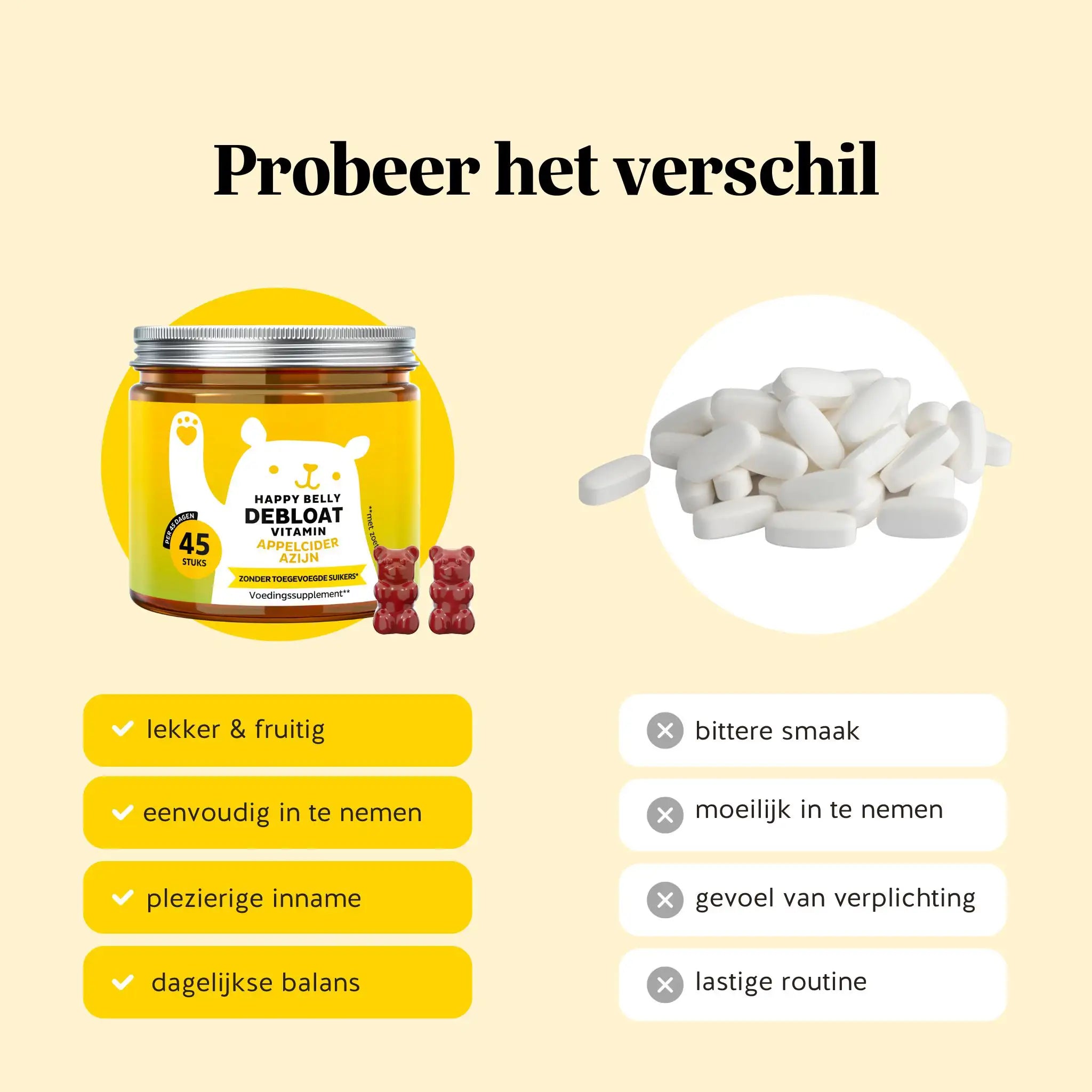 Afbeelding vergelijking Happy Belly Debloat Vitamin met appelciderazijn gummies versus pillen – lekker & fruitig, eenvoudig in te nemen, plezierige inname en dagelijkse balans | Bears with Benefits