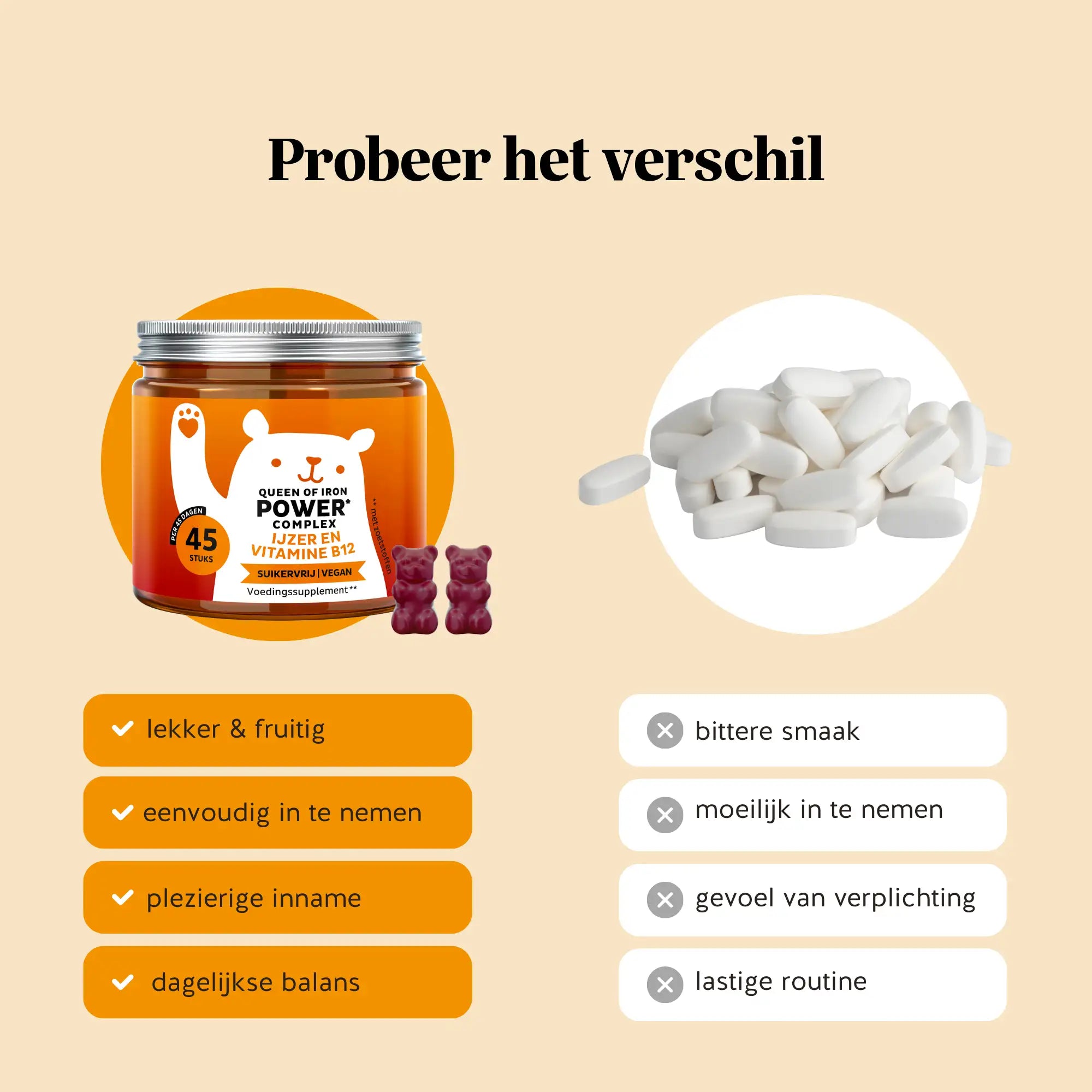 Vergelijking tussen Queen of Iron Power gummies en traditionele pillen, met focus op smaak, gebruiksgemak en een plezierige dagelijkse routine l Bears with Benefits.