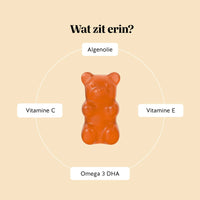 Bears with Benefits Catch of the Day Vitality Support – ingrediëntenoverzicht van vegan gummies met algenolie, Omega 3 DHA, vitamine C en vitamine E, DHA 50 mg, vitamine C 20 mg en vitamine E 1,8 mg