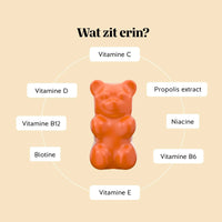 Bears with Benefits One Bear a Day Immune* Vitamin – suikervrije vegetarische vitamine gummies voor dagelijkse immuunsysteem ondersteuning, vitamine C 20 mg, vitamine D 5 µg, vitamine B6 0,70 mg, vitamine B12 1,3 µg, vitamine E 6 mg, niacine 8 mg, biotine 25 µg en propolis extract 10 mg, 45 stuks, bevat vitamine C, D, B12, B6, E, niacine, biotine en propolis extract