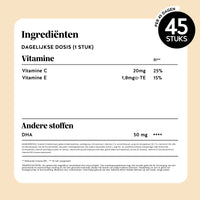 Bears with Benefits Catch of the Day Vitality Support – ingrediëntenlabel per dagelijkse dosis 1 stuk, met vitamine C 20 mg 25%, vitamine E 1,8 mg 15% en DHA 50 mg uit algenolie, 45 stuks