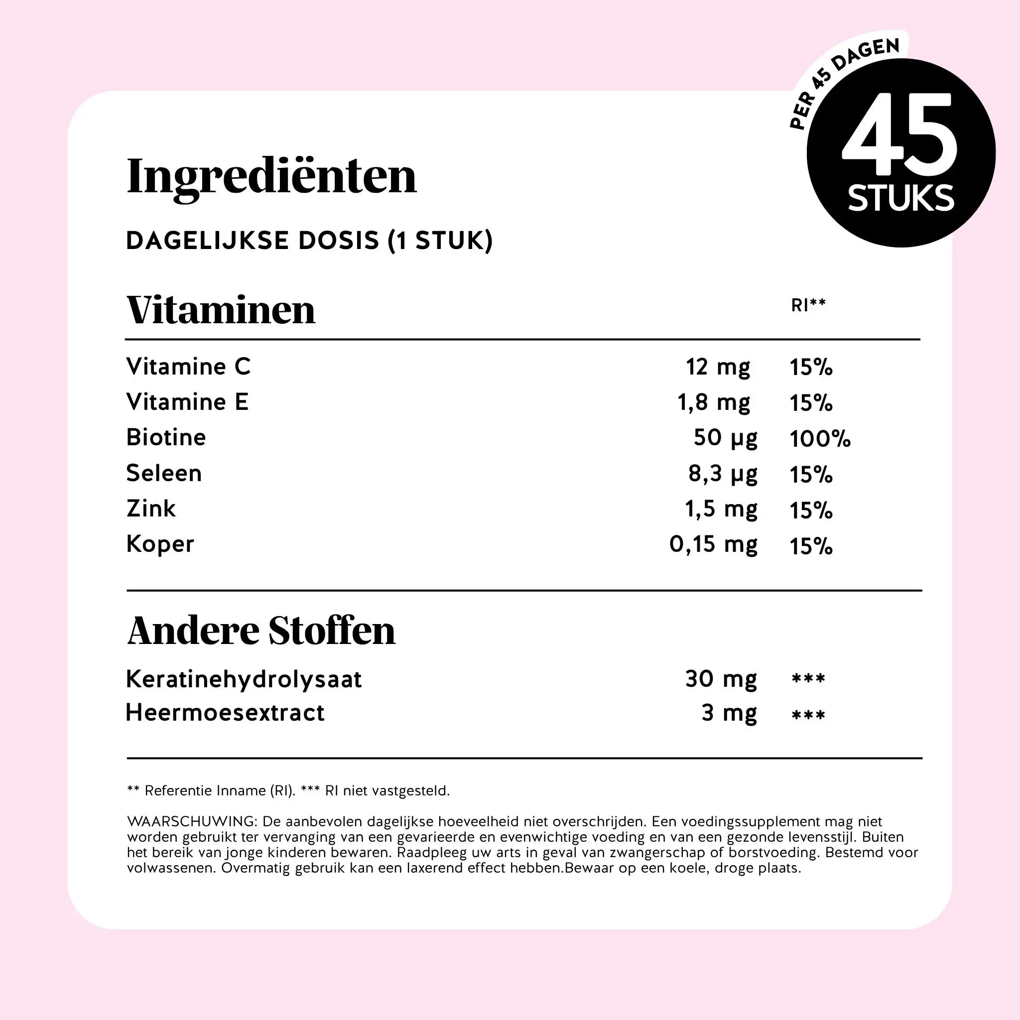 Ingrediëntenlijst Bears with Benefits Nail & Hair Keratine voor 45 dagen – vitamines C, E, biotine, seleen, zink, koper, keratinehydrolysaat en heermoesextract | Bears with Benefits