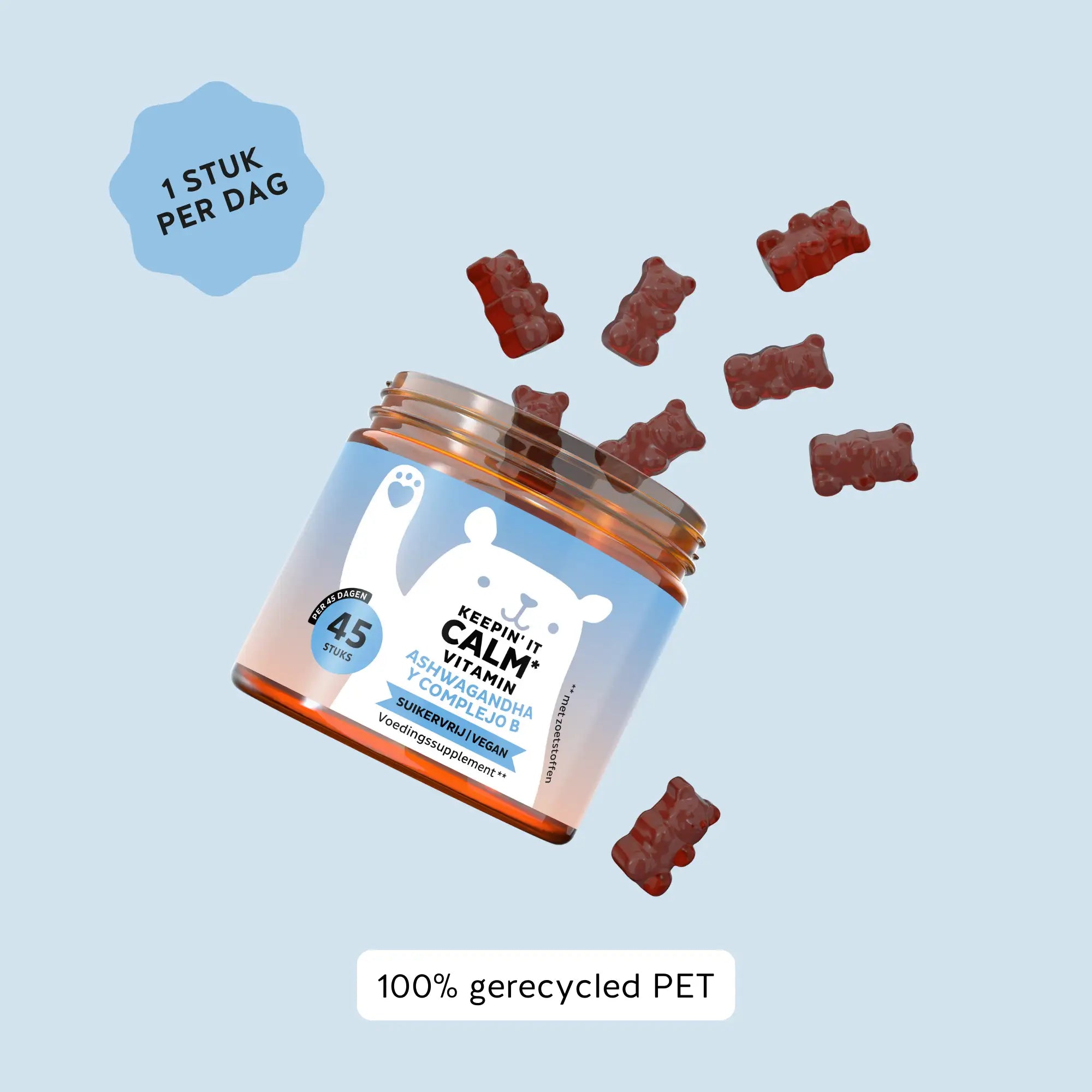 Bears with Benefits Keepin’ it Calm gummies: potje met ‘Ashwagandha + L-theanine complex’, suikervrij en vegan (45 stuks/45 dagen), schuin in beeld met rode beervormige gummies eromheen; badges ‘1 stuk per dag’ en ‘100% gerecycled PET’.