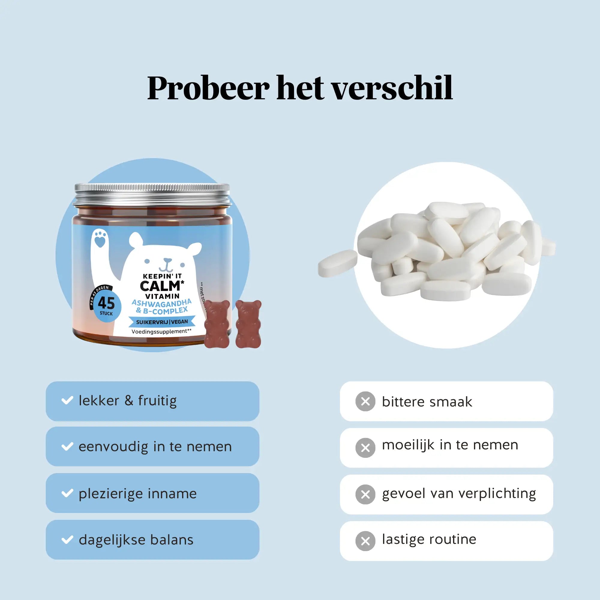 Vergelijking tussen Keepin’ it Calm Vitamin gummies en traditionele tabletten, met focus op smaak, gebruiksgemak en een prettige dagelijkse routine l Bears with Benefits.