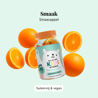 Sinaasappelsmaak van de All-in-One KIDS VITAMIN multivitamine gummies van Bears with Benefits, suikervrij en vegan. Potje met 45 stuks.