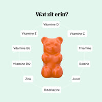 Bears with Benefits All-in-One Kids Vitamin – Ingrediënten per gummy: vitamine D, vitamine E, vitamine C, thiamine, riboflavine, vitamine B6, biotine, vitamine B12, jodium en zink, suikervrije vegan multivitamine gummies voor kinderen