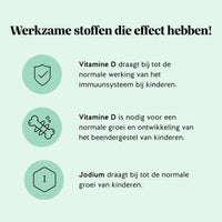 Bears with Benefits All-in-One Kids Vitamin – Vitamine D draagt bij tot de normale werking van het immuunsysteem bij kinderen en is nodig voor een normale groei en ontwikkeling van het beendergestel; jodium draagt bij tot de normale groei van kinderen, suikervrije vegan multivitamine gummies