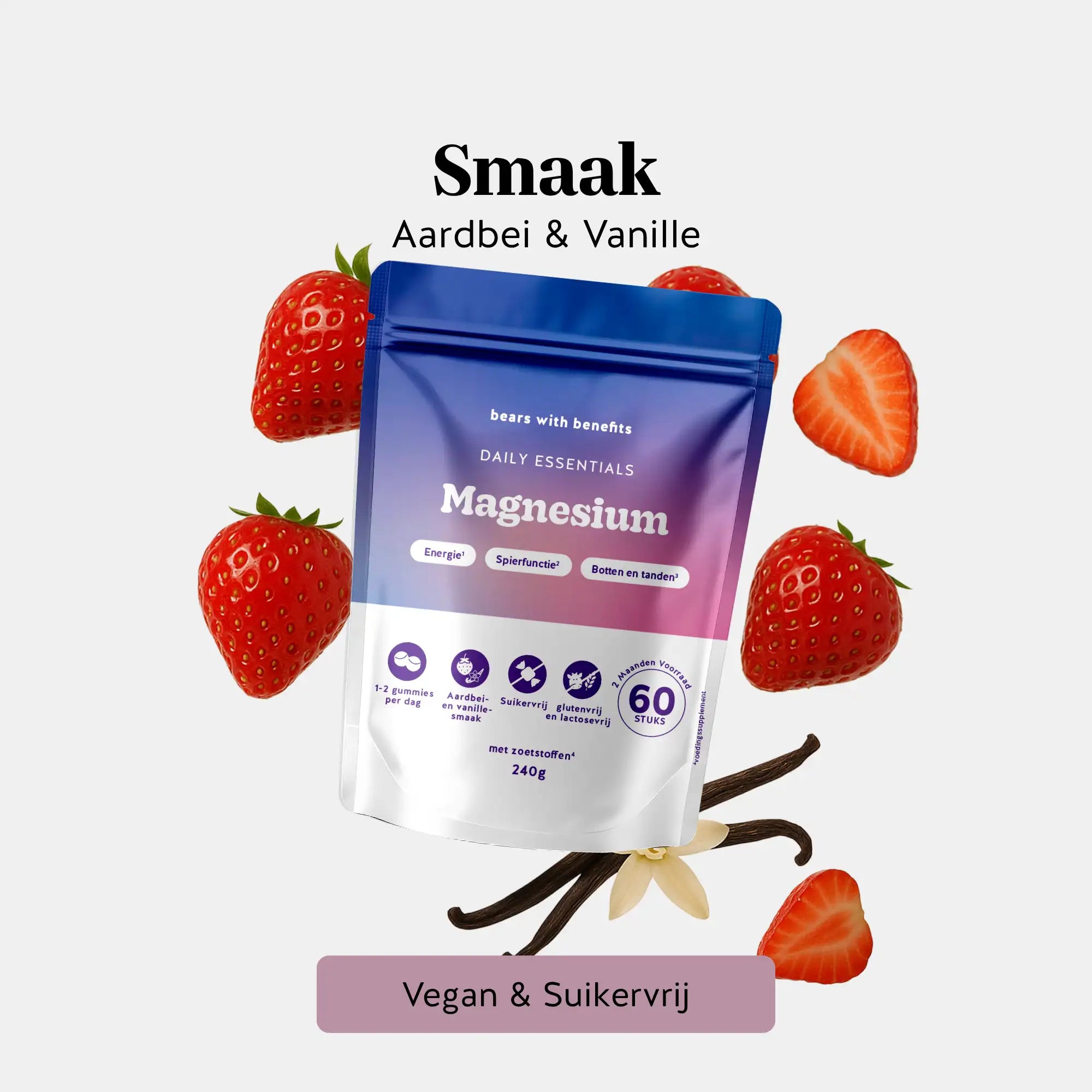 Ingrediënten en smaak van Magnesium gummies – aardbei en vanille, vegan en suikervrij l Bears with Benefits