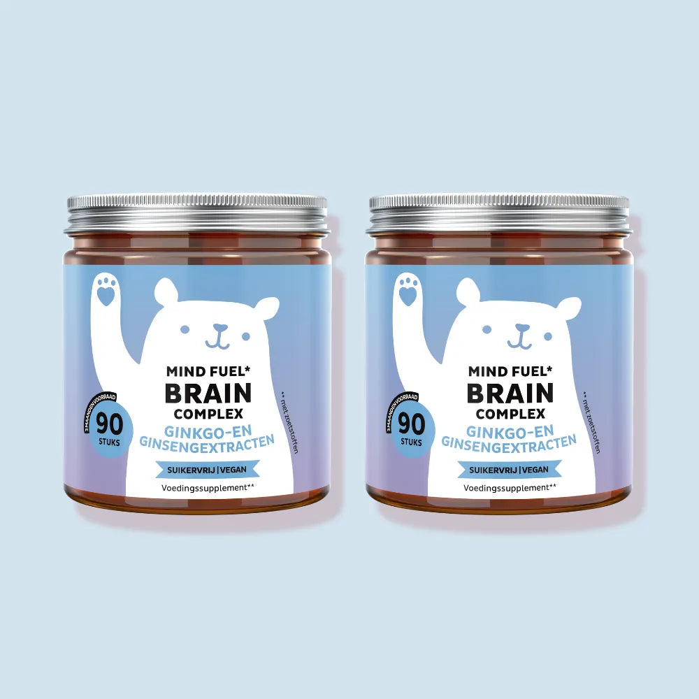 Afbeelding van de 2-pack van Mind Fuel* Brain Complex met in totaal 180 gummies. Twee potjes met elk 90 stuks, suikervrij en vegan, Bears with Benefits.