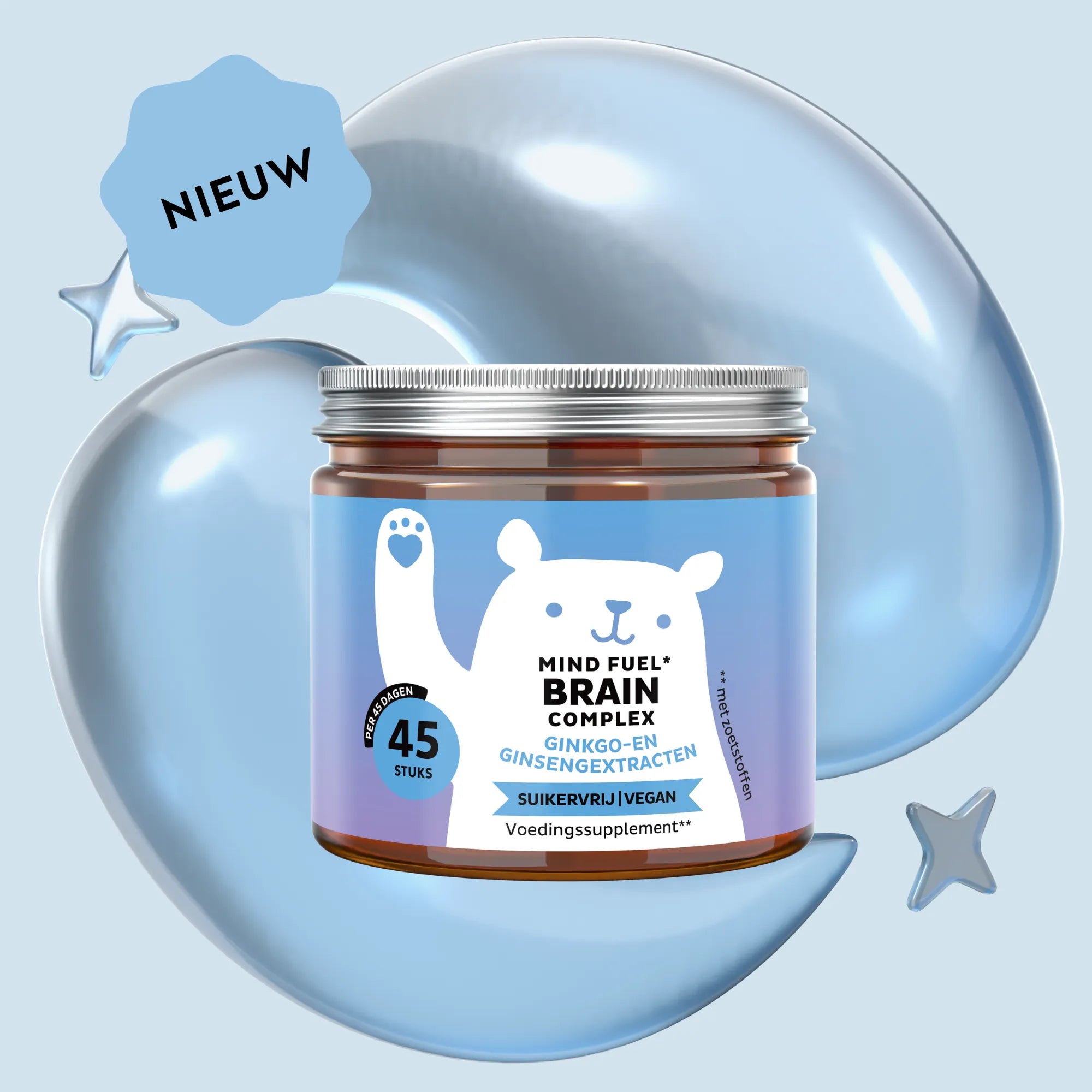 Afbeelding van het potje met 45 stuks Mind Fuel* Brain Complex gummies, met ginkgo- en ginsengextracten, suikervrij en vegan, Bears with Benefits.