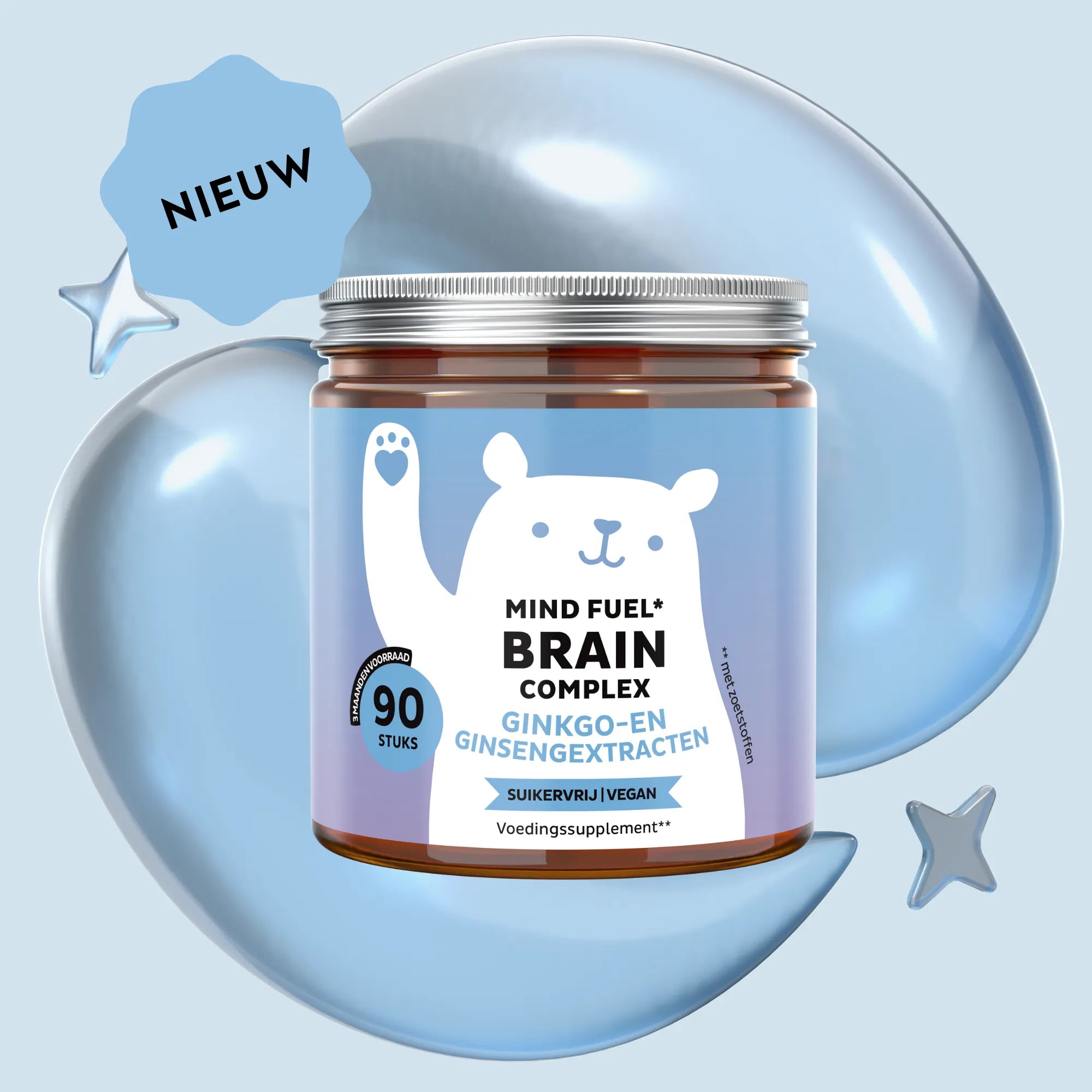 Afbeelding van het potje met 90 stuks Mind Fuel* Brain Complex gummies, met ginkgo- en ginsengextracten, suikervrij en vegan, Bears with Benefits.