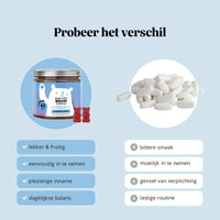Voordelen van de Mind Fuel* Brain Complex gummies ten opzichte van traditionele supplementpillen, met een fruitige smaak en aangename dagelijkse inname, Bears with Benefits.