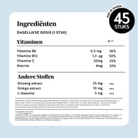 Volledige lijst van ingrediënten van de Mind Fuel* Brain Complex gummies in gummyvorm. Potje met 45 stuks, Bears with Benefits.