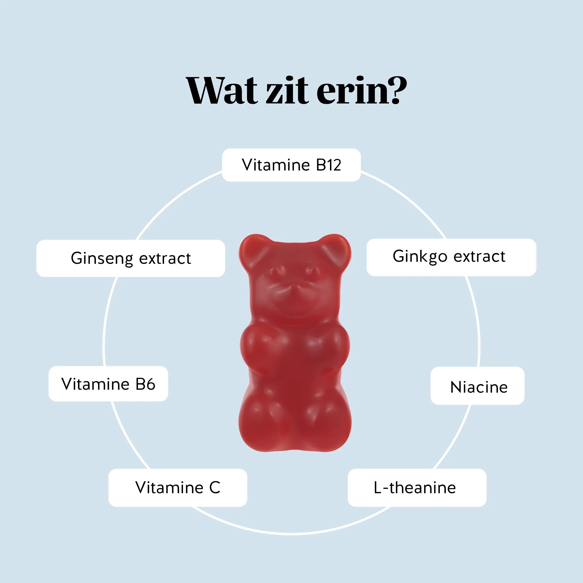 Ingrediënten van de Mind Fuel* Brain Complex gummies, met vitamine B6, vitamine B12, vitamine C, niacine, L-theanine, ginseng extract en ginkgo extract, Bears with Benefits.