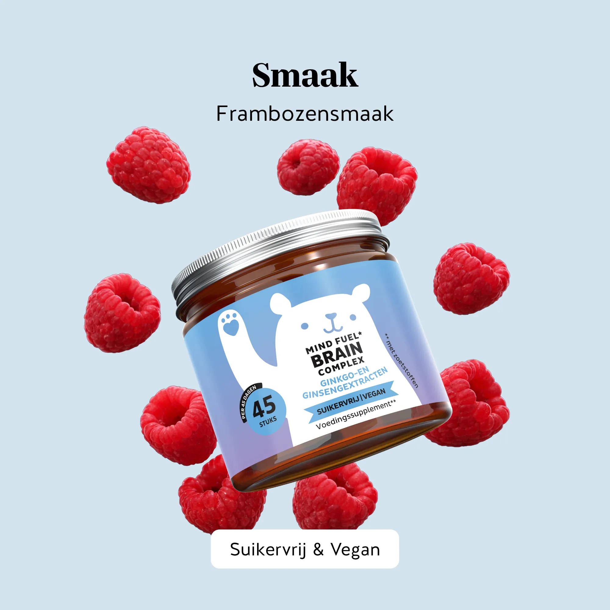Frambozensmaak van de Mind Fuel* Brain Complex gummies, suikervrij en vegan. Potje met 45 stuks, Bears with Benefits.