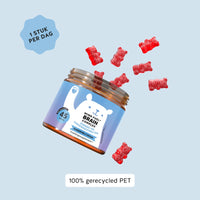 Aanbevolen inname van Mind Fuel* Brain Complex gummies voor dagelijkse ondersteuning. Potje met 45 stuks en 100% gerecycled PET, Bears with Benefits.