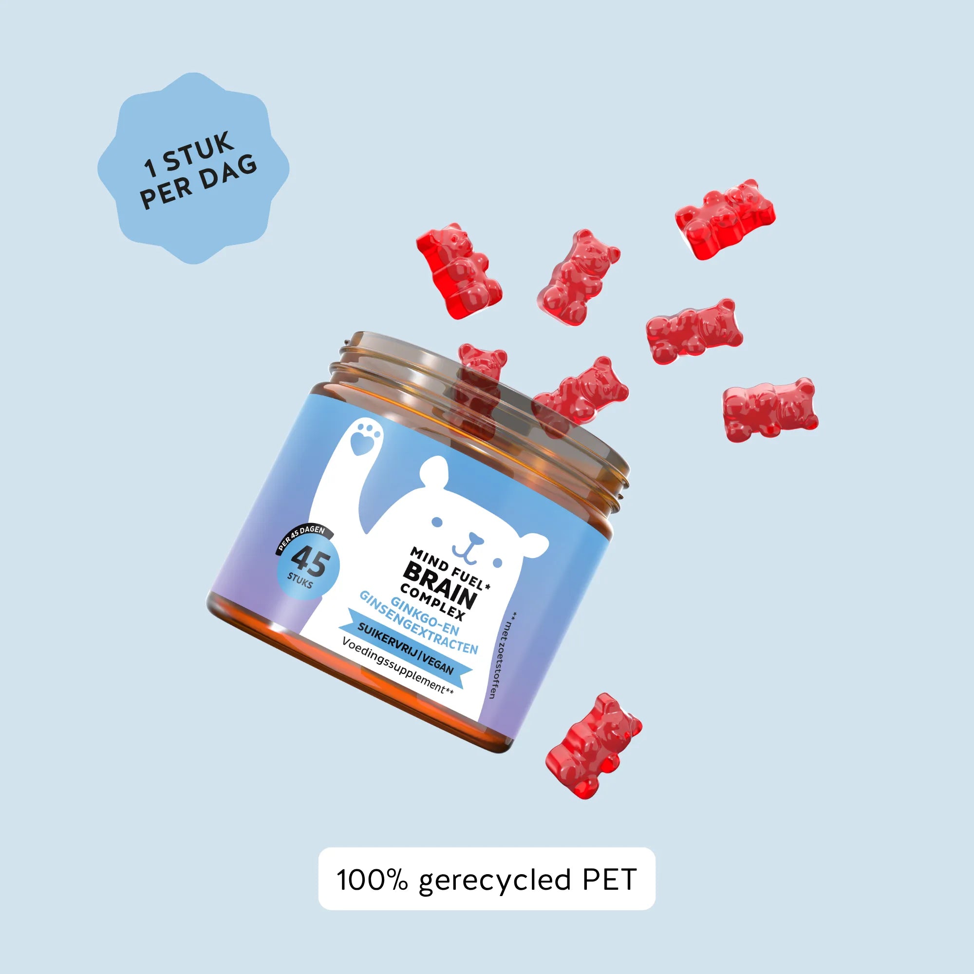 Aanbevolen inname van Mind Fuel* Brain Complex gummies voor dagelijkse ondersteuning. Potje met 45 stuks en 100% gerecycled PET, Bears with Benefits.