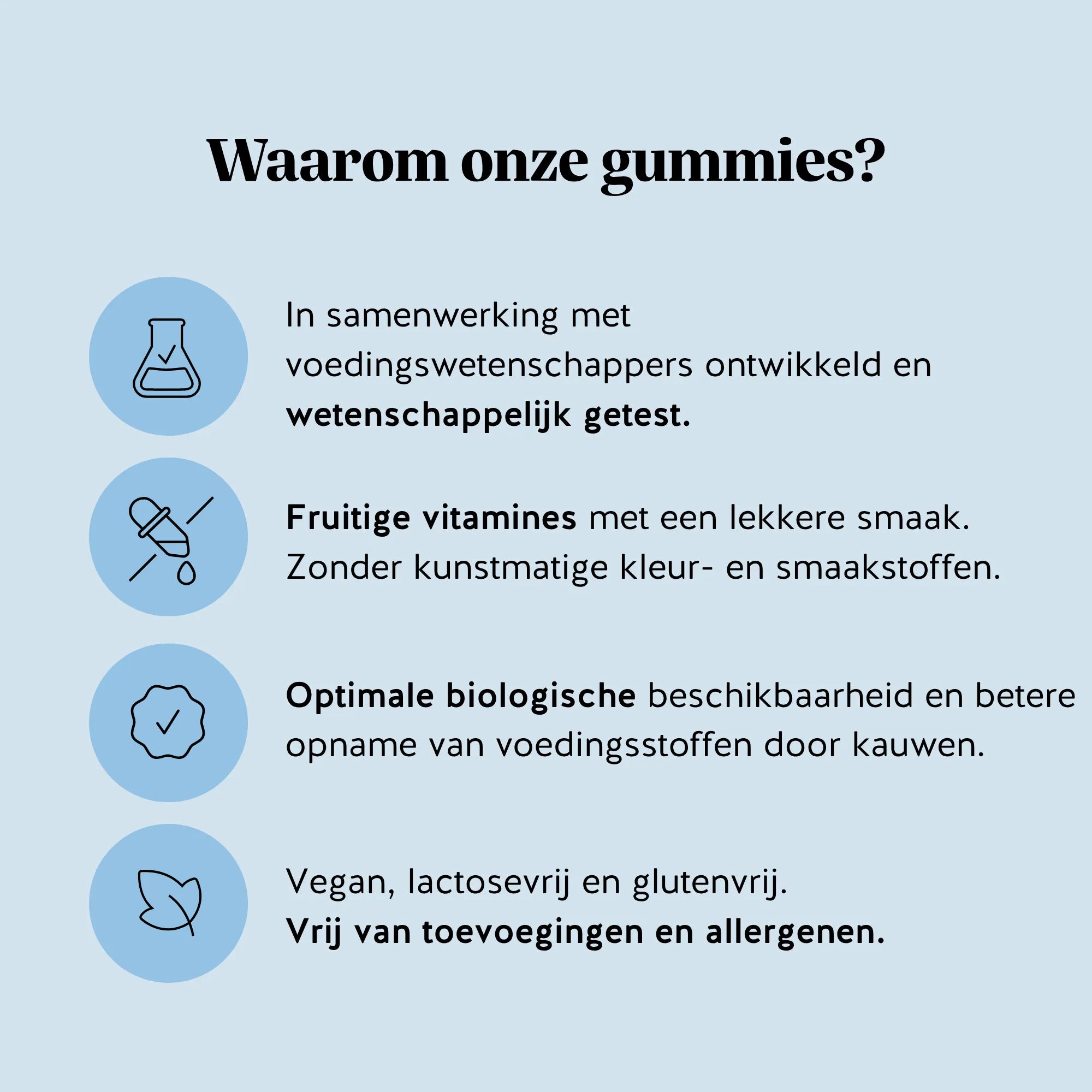 Redenen om te kiezen voor de Mind Fuel* Brain Complex gummies, ontwikkeld met voedingswetenschappers, met fruitige smaak en zonder kunstmatige kleur- en smaakstoffen, Bears with Benefits.