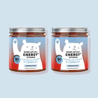 Twee potjes Wake-Up Call Energy Vitamin gummies met 90 stuks per potje, met guarana en vitamine B-complex, suikervrij en vegan voor langdurige dagelijkse energie l Bears with Benefits.