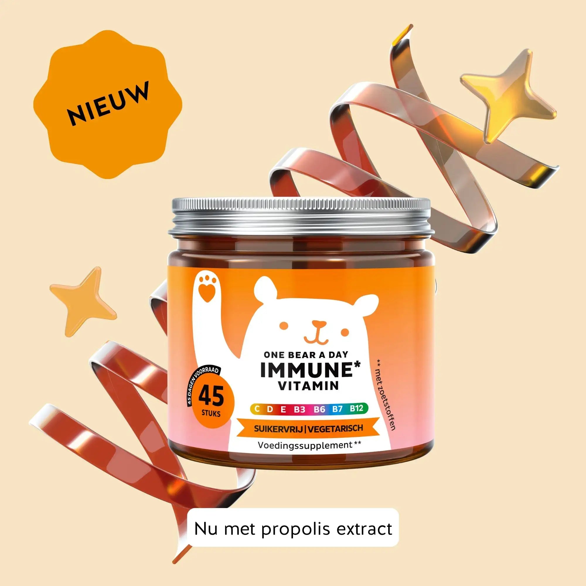 Potje Immune Vitamin One Bear a Day - 45 gummies met propolisextract en multivitaminen - suikervrij en vegetarisch l Bears with Benefits