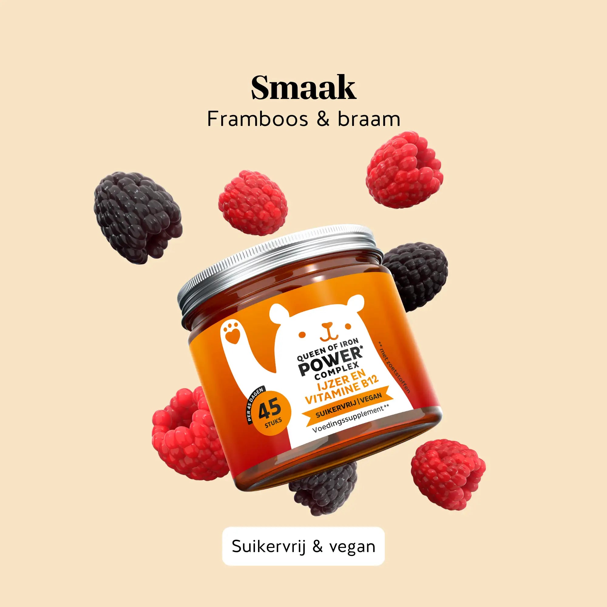 Potje Queen of Iron Power met 45 gummies in de smaak framboos en braam, een fruitige en suikervrije keuze voor dagelijks gebruik l Bears with Benefits.