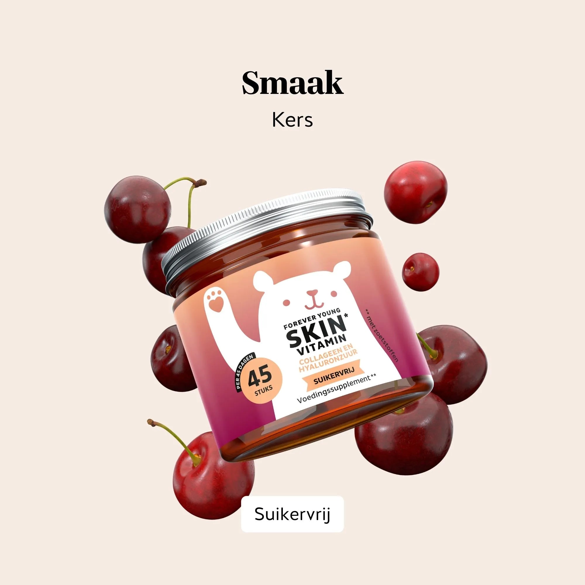 Forever Young Skin Vitamin gummies met kersensmaak, suikervrij, voor een aangename en fruitige dagelijkse inname l Bears with Benefits.