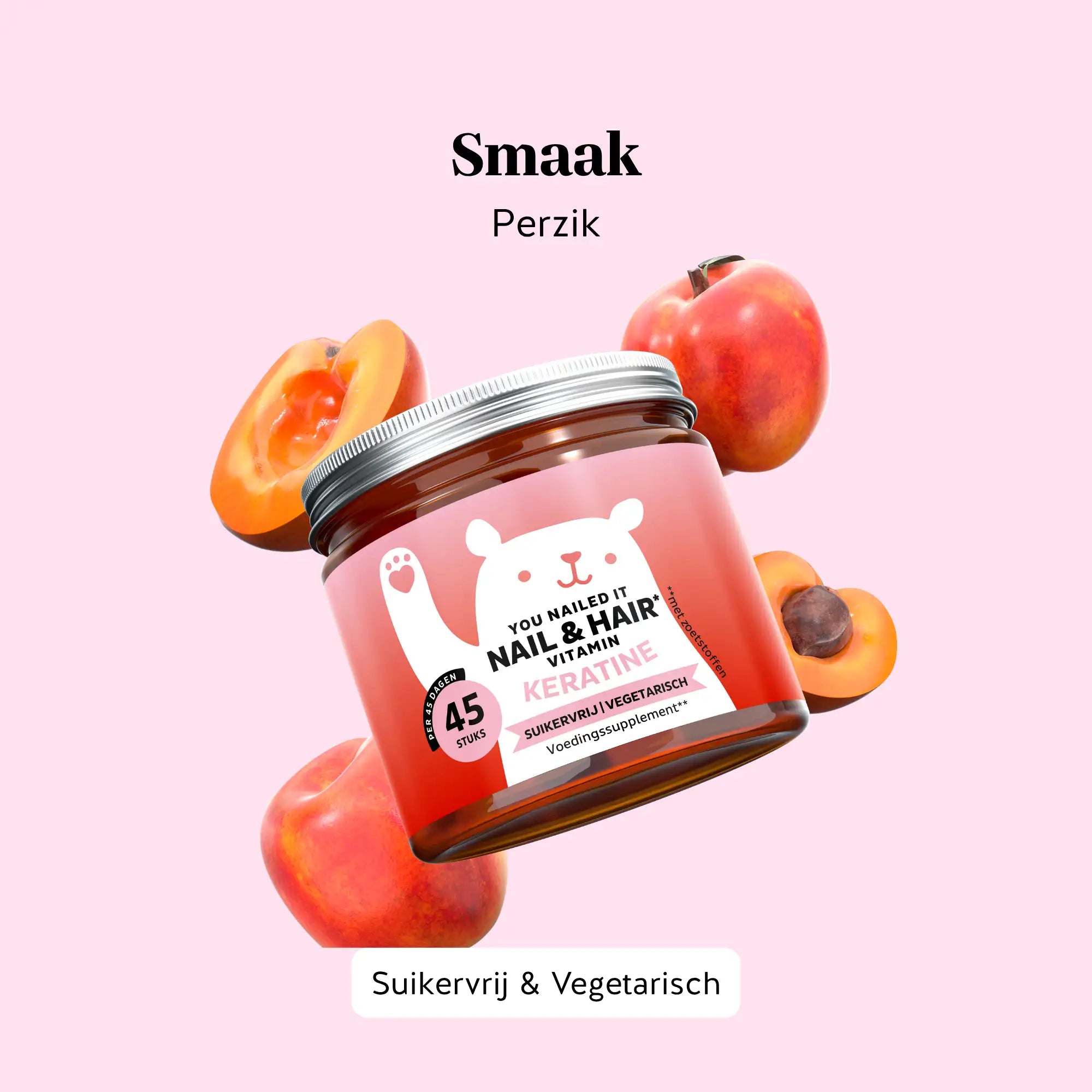 Bears with Benefits Nail & Hair Keratine gummies met perziksmaak – potje van 45 stuks, suikervrij en vegetarisch | Bears with Benefits