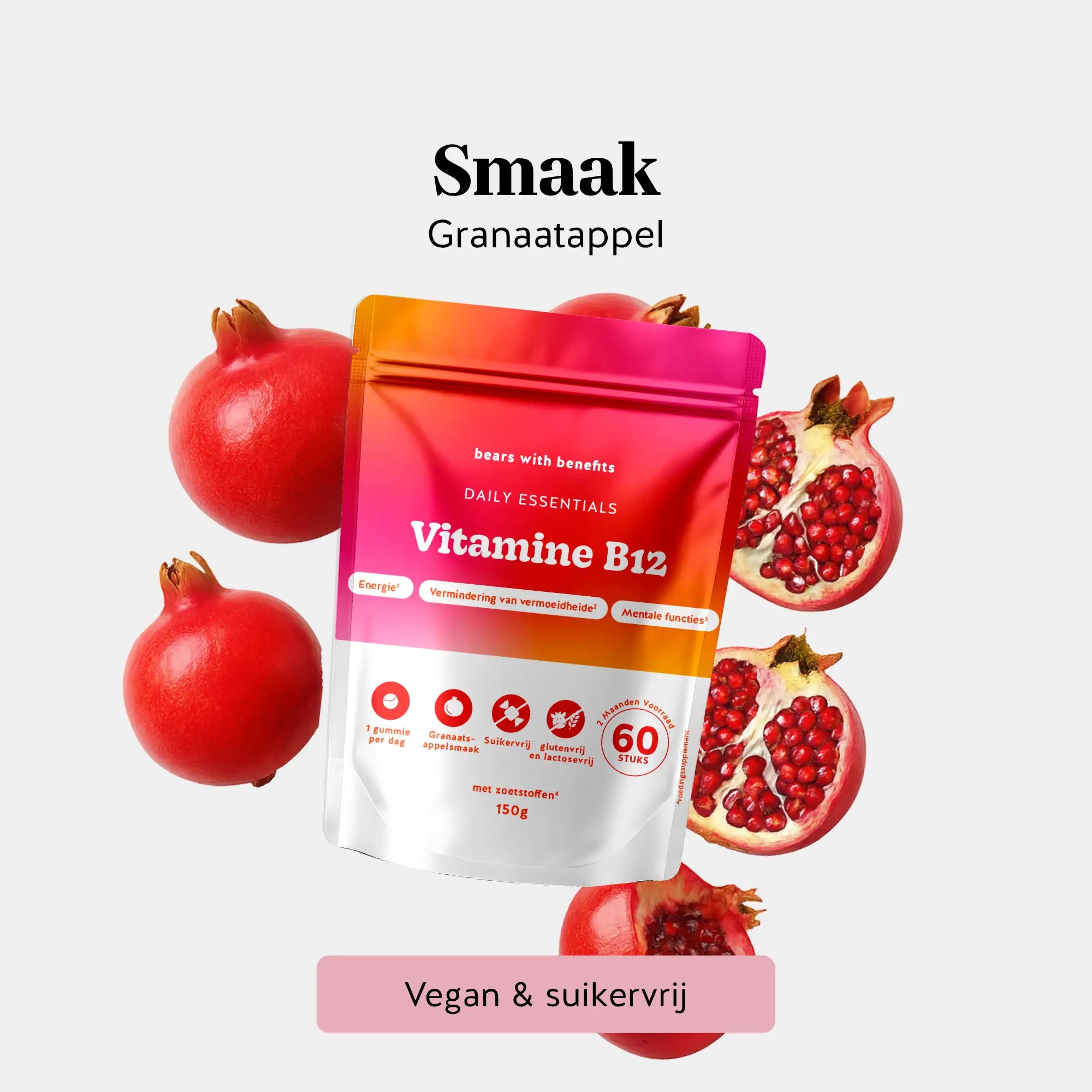 Vitamine B12 gummies met natuurlijke granaatappelsmaak – vegan en suikervrij l Bears with Benefits