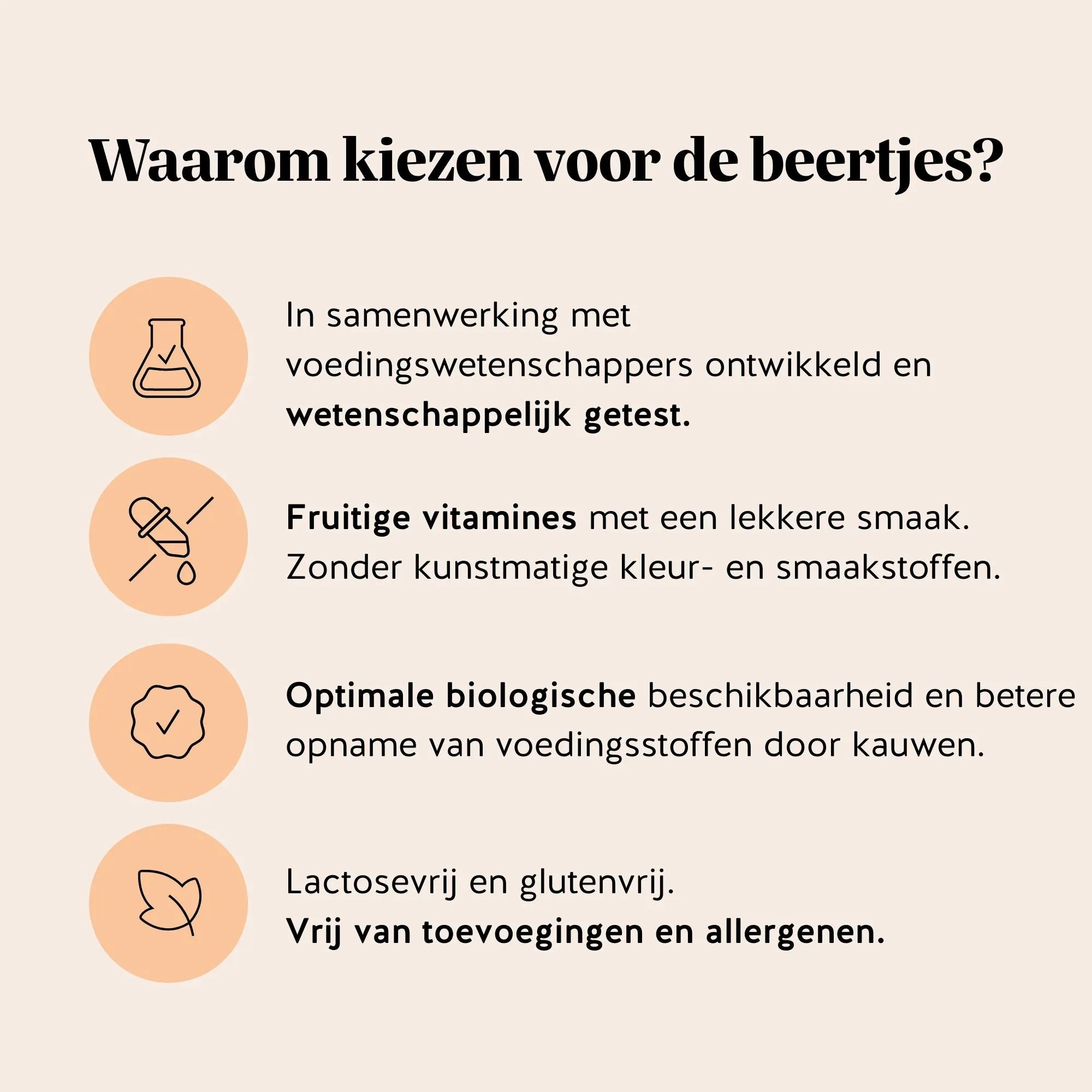 Overzicht van de voordelen van Forever Young Skin Vitamin gummies: ontwikkeld met voedingswetenschappers, wetenschappelijk getest, fruitige smaak, optimale opname door kauwen en vrij van toevoegingen l Bears with Benefits.