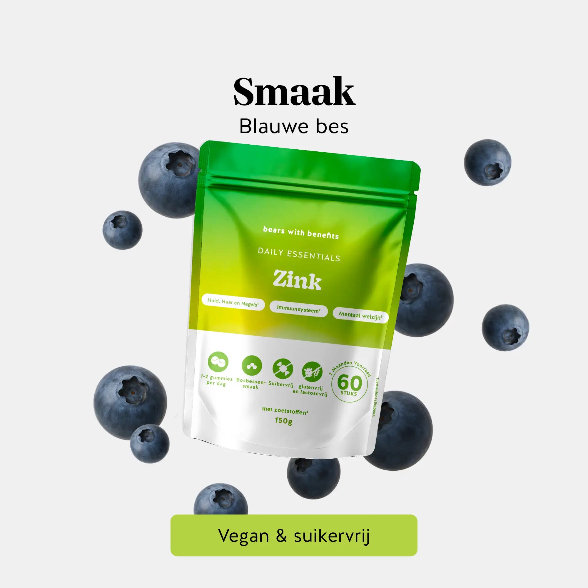 Zink ingrediënten en smaak - Daily Essentials gummies met bosbessensmaak, rijk aan zink voor huid, haar, nagels en immuunsysteem - vegan, suikervrij, lactosevrij en glutenvrij l Bears with Benefits