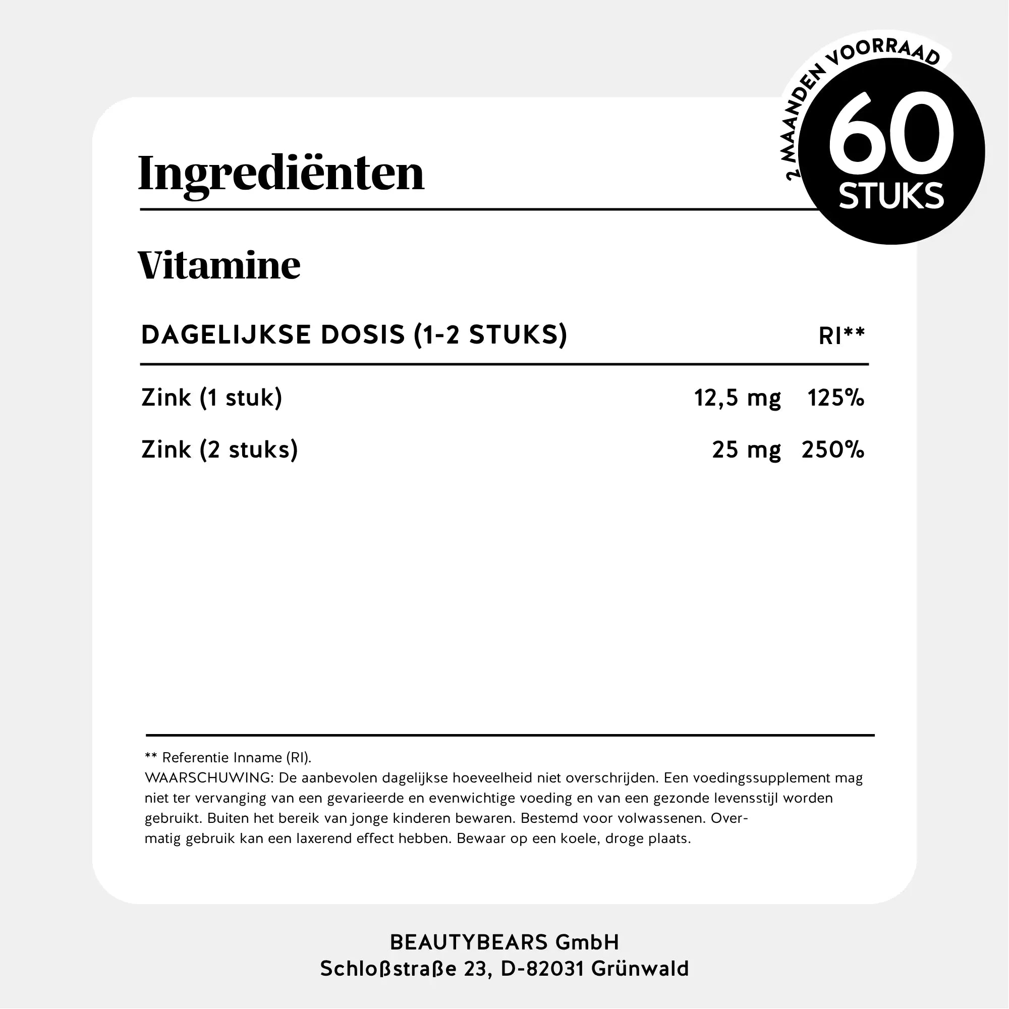 Zink voedingswaarden en ingrediënten - 12,5 mg zink per gummy, 125% van de aanbevolen dagelijkse hoeveelheid - vegan, suikervrij en glutenvrij - Daily Essentials l Bears with Benefits