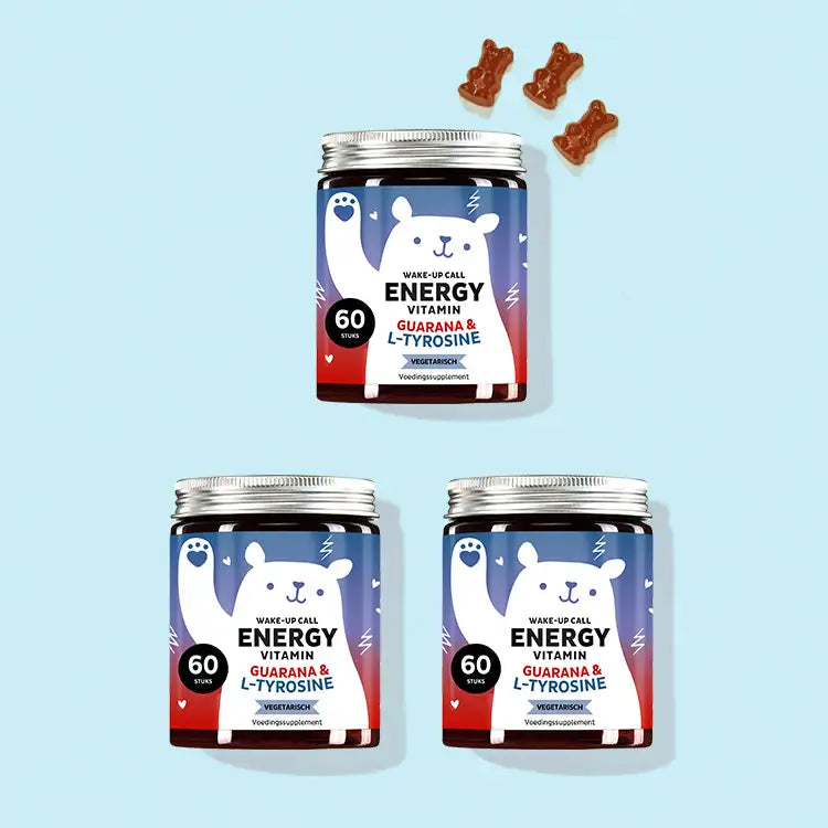 De Wake-Up Call Energy Vitamins met Guarana van Bears with Benefits als kuur voor 1,5 maanden.